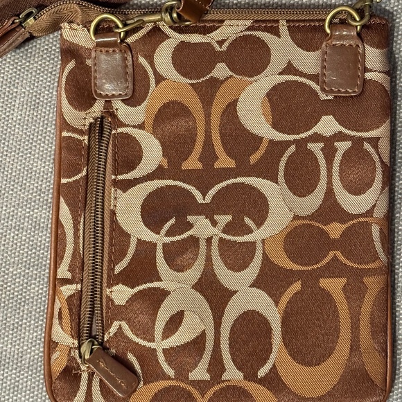 Coach Signature Canvas Brown, Tan and Cream Crossbody Bag with 3 pockets - Picture 3 of 5